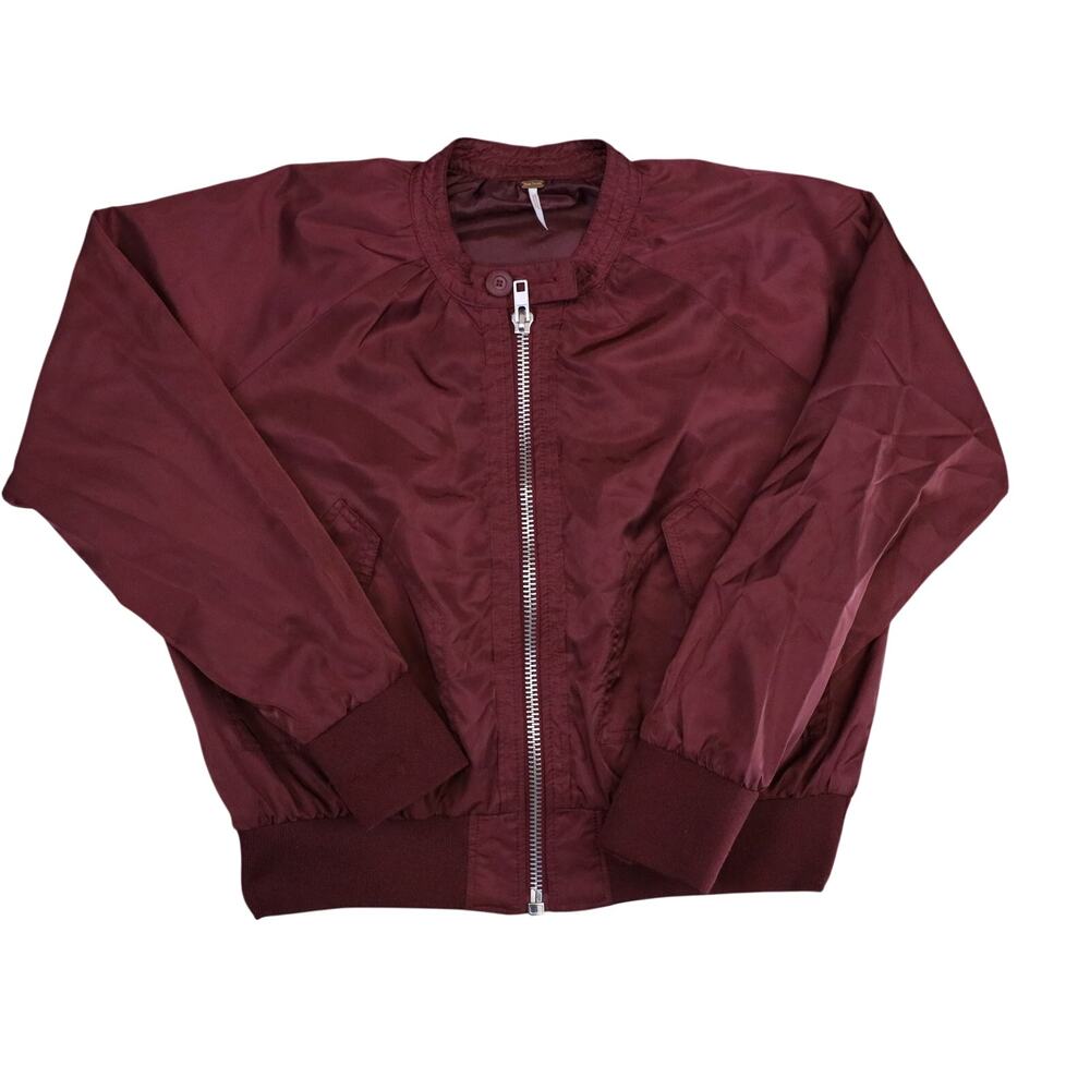 Free People Midnight Bomber Jacket Women's Small Red Burgundy Full Zip Satin